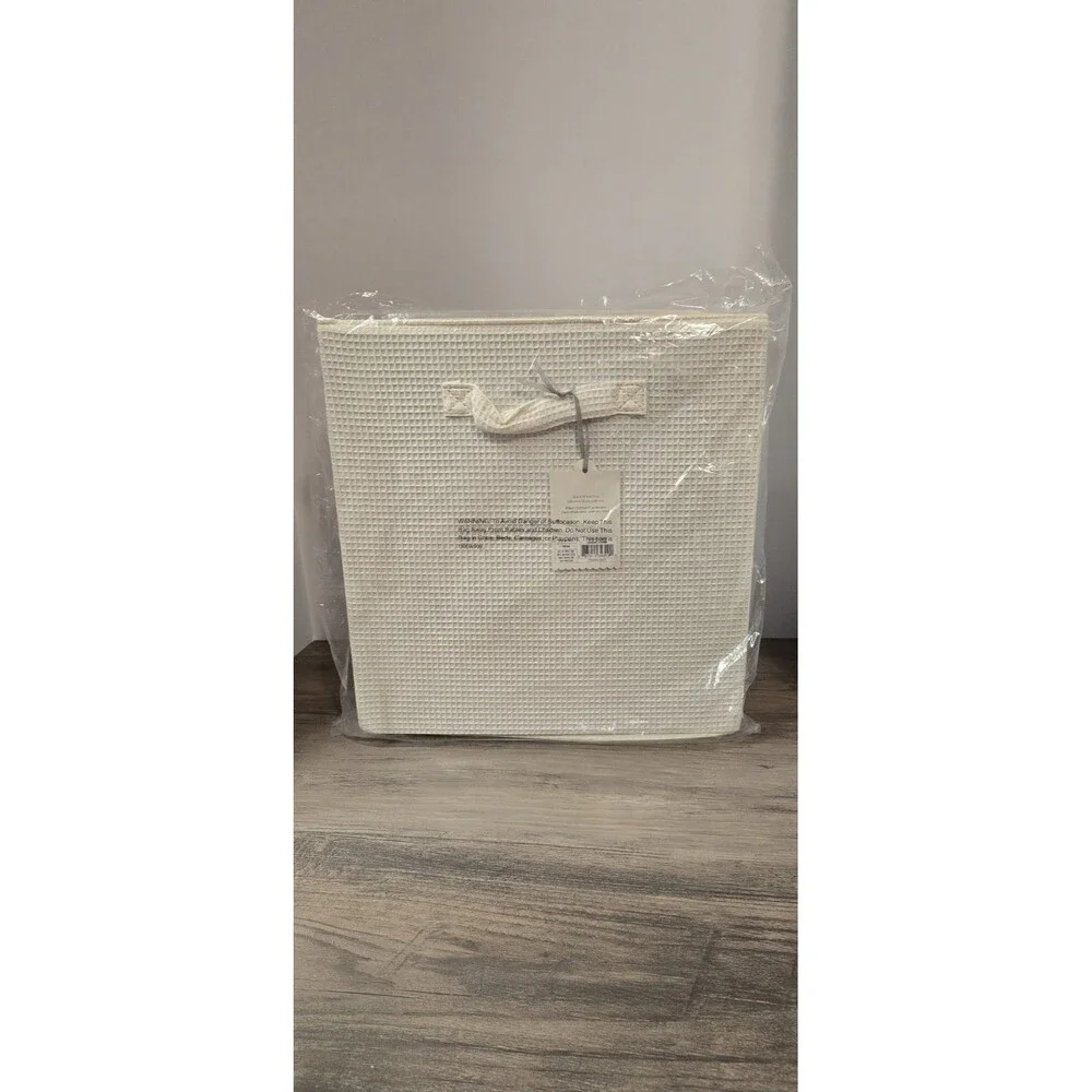 White Waffle Fabric Storage Basket Cube Bin Medium Foldable Modern 13